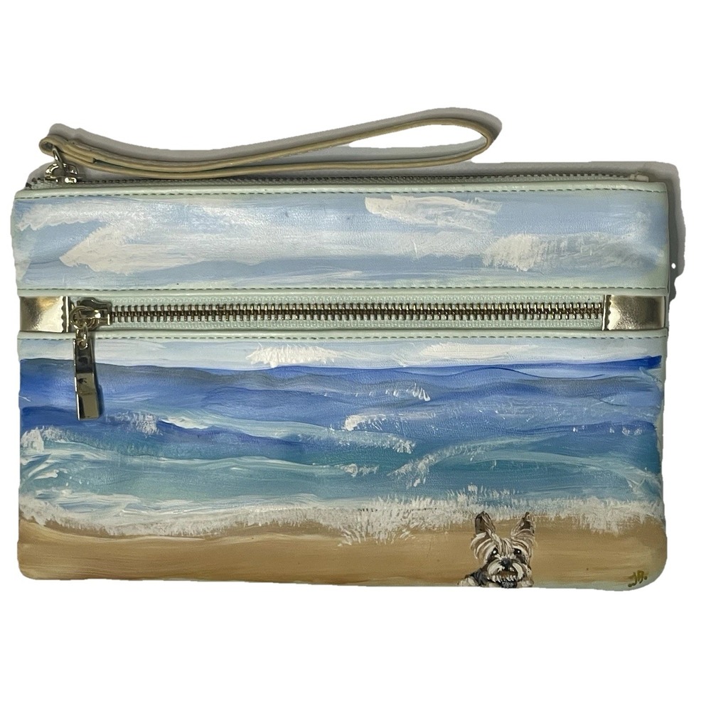 White House Black‎ Market Hand Painted Yorkie Beach Scene Wristlet Wallet - Picture 2 of 7